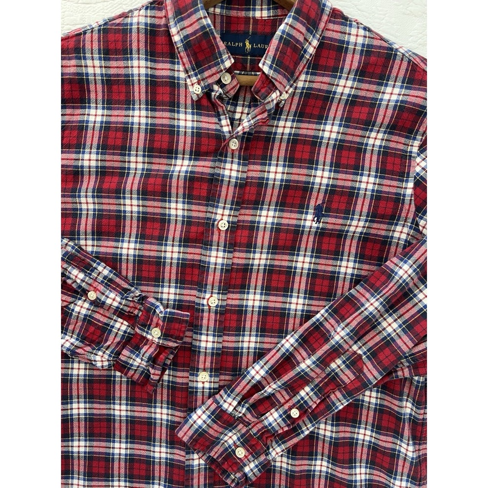 Ralph Lauren Flannel Shirt Mens M Red Navy Plaid Button Down Cotton Pony
